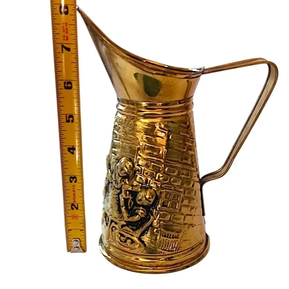 Brass Embossed Ale Pitcher‎ Pub Scene Repousse Made In England Textured Vintage